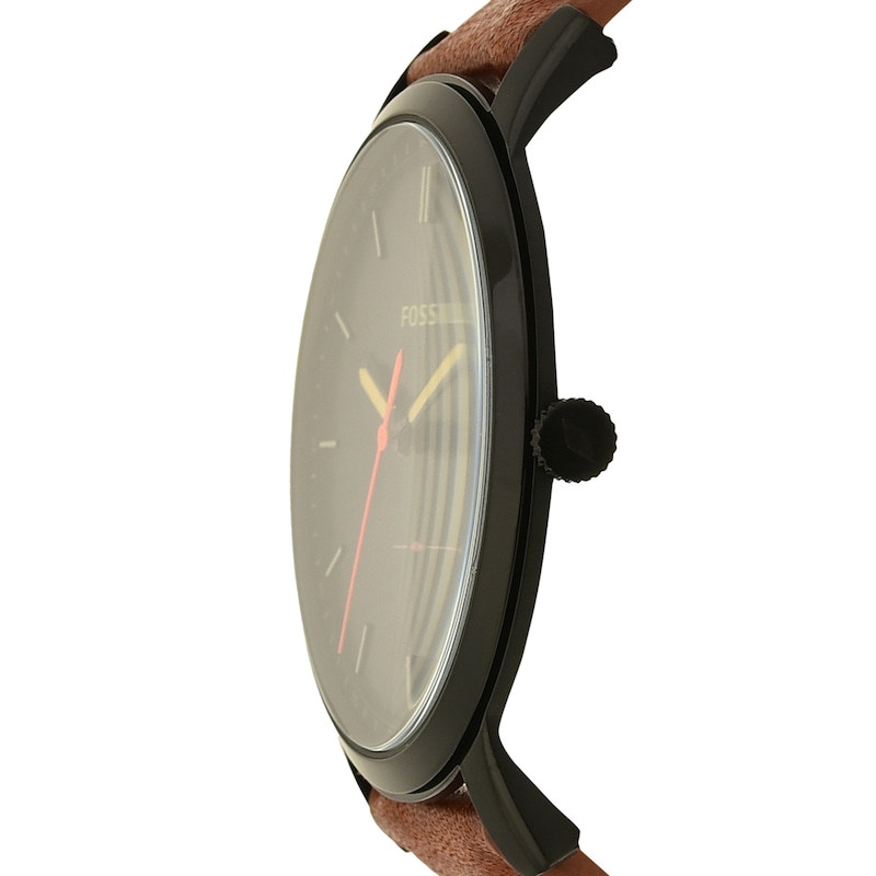 Main Image 3 of Men’s Fossil Minimalist Black IP Brown Leather Strap Watch with Black Satin Dial (Model: FS5305)