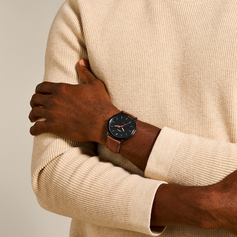 Main Image 5 of Men’s Fossil Minimalist Black IP Brown Leather Strap Watch with Black Satin Dial (Model: FS5305)