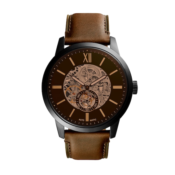 Menâs Fossil Townsman Black IP Brown Leather Strap Automatic Watch with Brown Skeleton Dial (Model: Me3155)