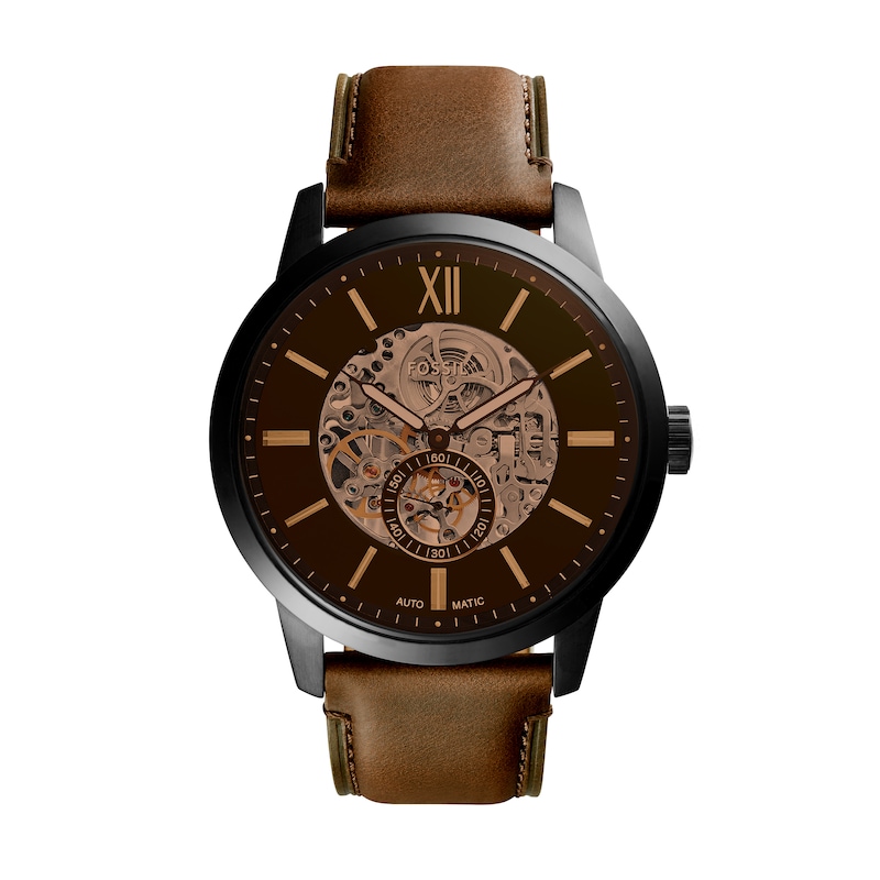 Main Image 1 of Men’s Fossil Townsman Black IP Brown Leather Strap Automatic Watch with Brown Skeleton Dial (Model: ME3155)