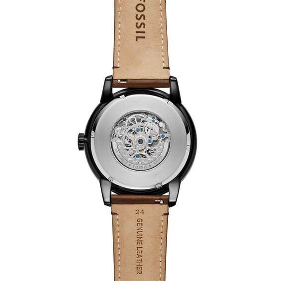 Menâs Fossil Townsman Black IP Brown Leather Strap Automatic Watch with Brown Skeleton Dial (Model: Me3155)
