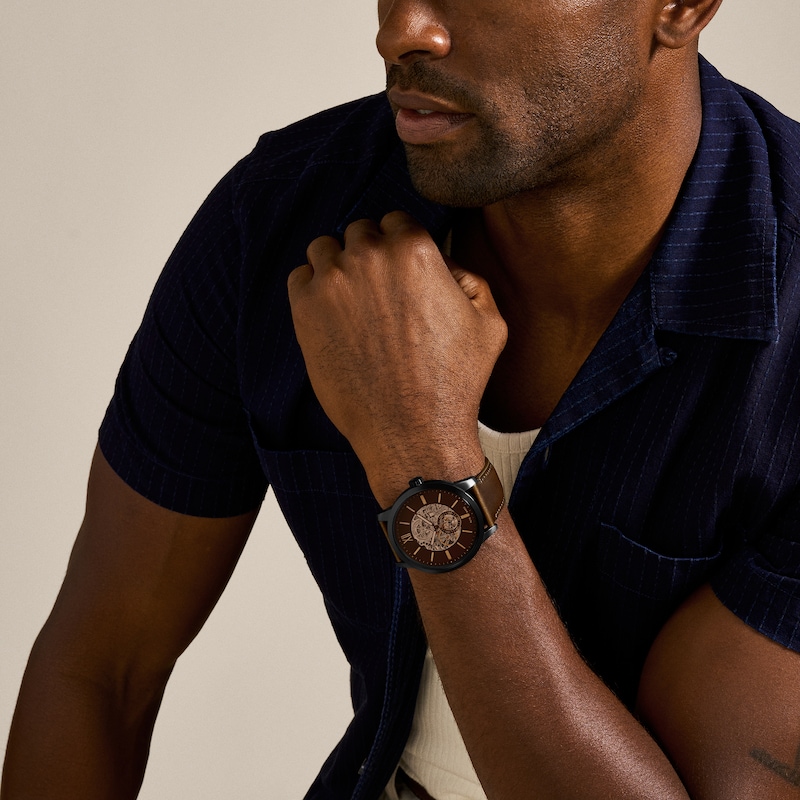 Main Image 4 of Men’s Fossil Townsman Black IP Brown Leather Strap Automatic Watch with Brown Skeleton Dial (Model: ME3155)