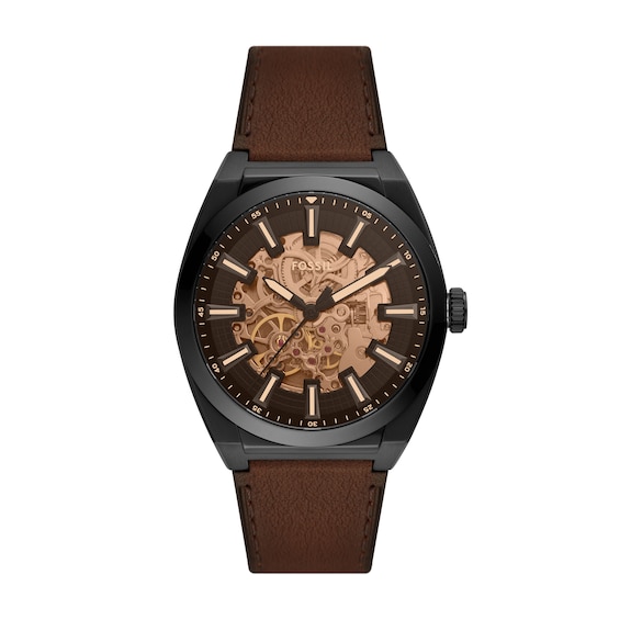 Menâs Fossil Everett Black IP Brown Leather Strap Automatic Watch with Black Matte Skeleton Dial (Model: Me3207)