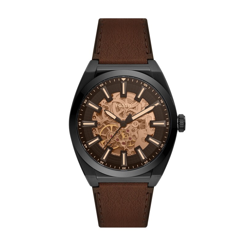 Main Image 1 of Men’s Fossil Everett Black IP Brown Leather Strap Automatic Watch with Black Matte Skeleton Dial (Model: ME3207)