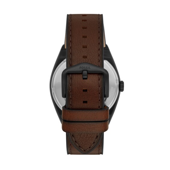 Menâs Fossil Everett Black IP Brown Leather Strap Automatic Watch with Black Matte Skeleton Dial (Model: Me3207)