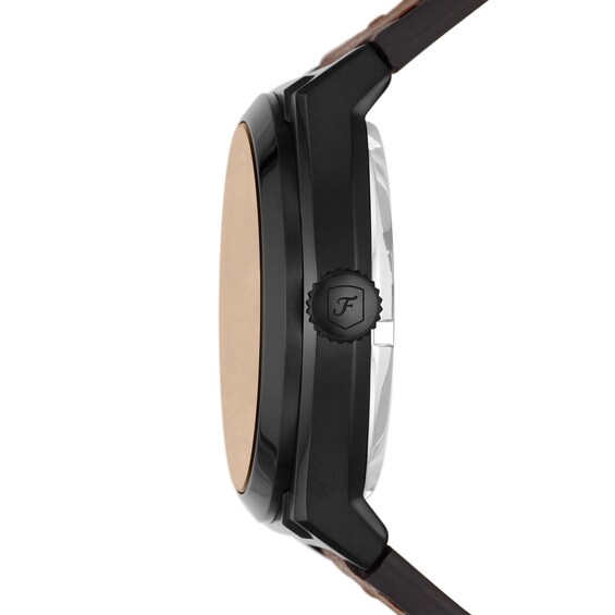 Menâs Fossil Everett Black IP Brown Leather Strap Automatic Watch with Black Matte Skeleton Dial (Model: Me3207)