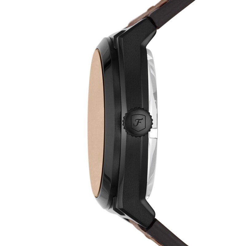 Main Image 3 of Men’s Fossil Everett Black IP Brown Leather Strap Automatic Watch with Black Matte Skeleton Dial (Model: ME3207)