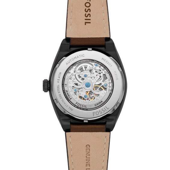 Menâs Fossil Everett Black IP Brown Leather Strap Automatic Watch with Black Matte Skeleton Dial (Model: Me3207)