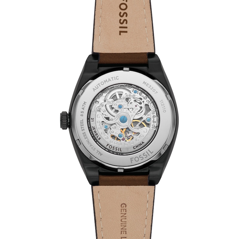 Main Image 4 of Men’s Fossil Everett Black IP Brown Leather Strap Automatic Watch with Black Matte Skeleton Dial (Model: ME3207)