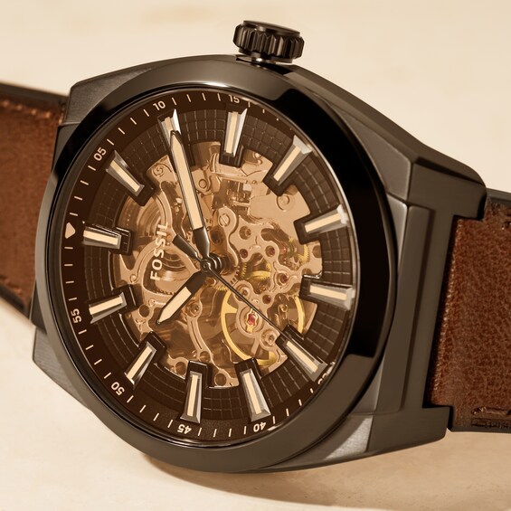 Menâs Fossil Everett Black IP Brown Leather Strap Automatic Watch with Black Matte Skeleton Dial (Model: Me3207)
