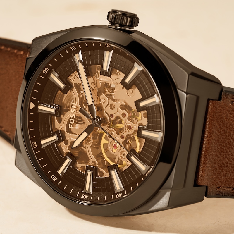 Main Image 5 of Men’s Fossil Everett Black IP Brown Leather Strap Automatic Watch with Black Matte Skeleton Dial (Model: ME3207)