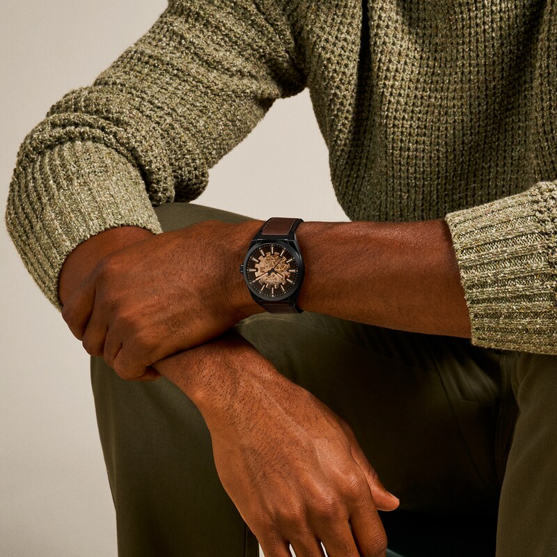 Main Image 6 of Men’s Fossil Everett Black IP Brown Leather Strap Automatic Watch with Black Matte Skeleton Dial (Model: ME3207)