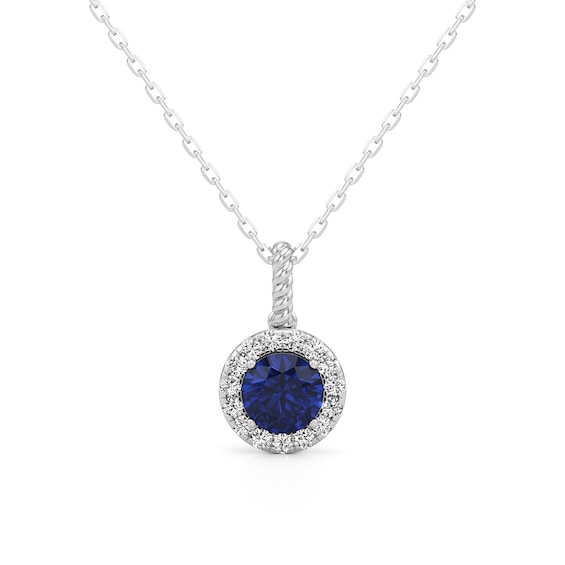 7.0mm Blue Sapphire and 1/3 CT. T.w. Lab-Grown Diamond Frame Pendant in 14K White Gold