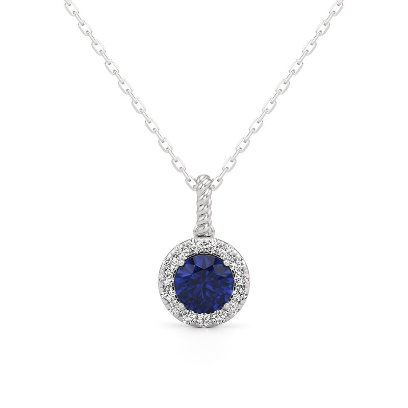Main Image 1 of 7.0mm Blue Sapphire and 1/3 CT. T.W. Lab-Grown Diamond Frame Pendant in 14K White Gold