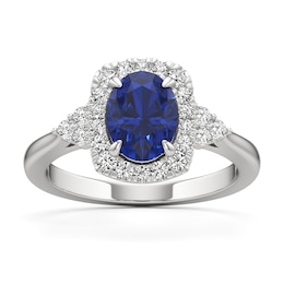 Oval Blue Sapphire and 1/3 CT. T.W. Lab-Grown Diamond Cushion Frame Tri-Sides Ring in 14K White Gold