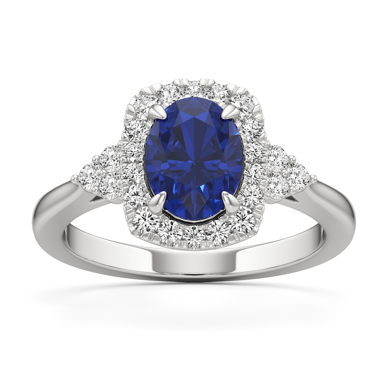 Main Image 1 of Oval Blue Sapphire and 1/3 CT. T.W. Lab-Grown Diamond Cushion Frame Tri-Sides Ring in 14K White Gold