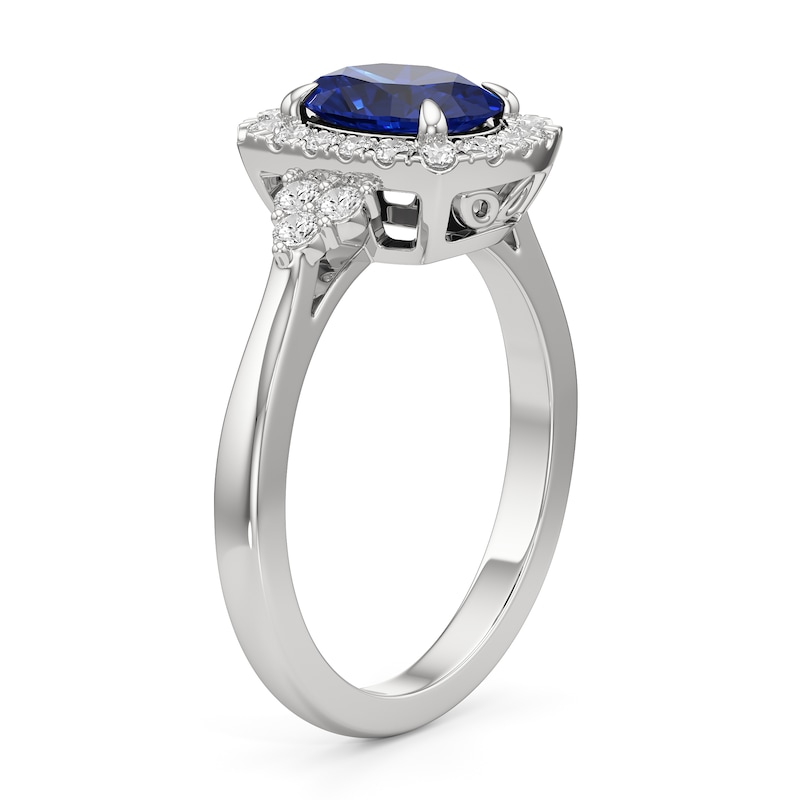 Main Image 2 of Oval Blue Sapphire and 1/3 CT. T.W. Lab-Grown Diamond Cushion Frame Tri-Sides Ring in 14K White Gold