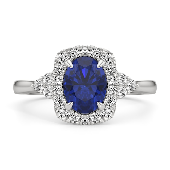Oval Blue Sapphire and 1/3 CT. T.w. Lab-Grown Diamond Cushion Frame Tri-Sides Ring in 14K White Gold