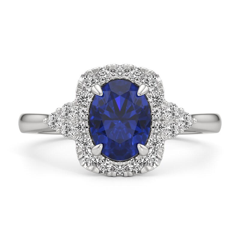 Main Image 3 of Oval Blue Sapphire and 1/3 CT. T.W. Lab-Grown Diamond Cushion Frame Tri-Sides Ring in 14K White Gold