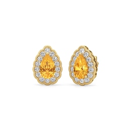 Pear-Shaped Citrine and 1/2 CT. T.W. Lab-Grown Diamond Scallop Frame Vintage-Style Stud Earrings in 14K Gold