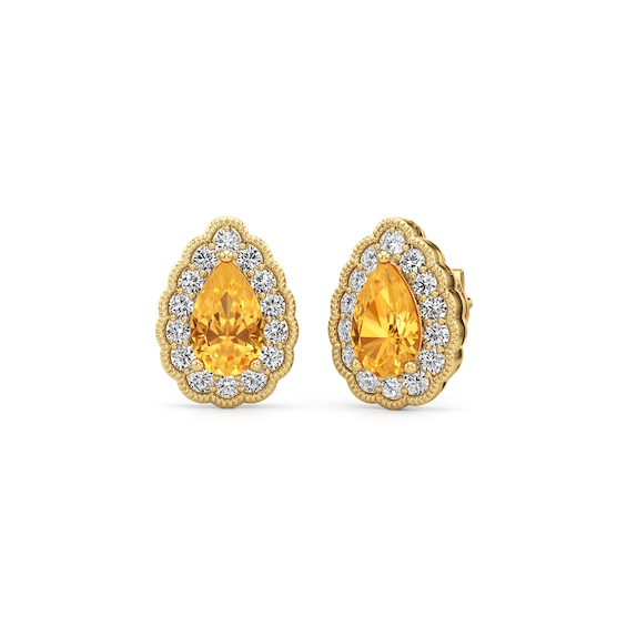 Pear-Shaped Citrine and 1/2 CT. T.w. Lab-Grown Diamond Scallop Frame Vintage-Style Stud Earrings in 14K Gold