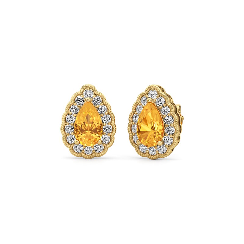 Main Image 1 of Pear-Shaped Citrine and 1/2 CT. T.W. Lab-Grown Diamond Scallop Frame Vintage-Style Stud Earrings in 14K Gold