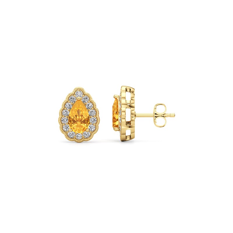 Main Image 2 of Pear-Shaped Citrine and 1/2 CT. T.W. Lab-Grown Diamond Scallop Frame Vintage-Style Stud Earrings in 14K Gold