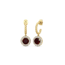 6.0mm Garnet and 1/2 CT. T.W. Lab-Grown Diamond Frame Hoop Drop Earrings in 14K Gold