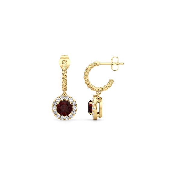 6.0mm Garnet and 1/2 CT. T.w. Lab-Grown Diamond Frame Hoop Drop Earrings in 14K Gold