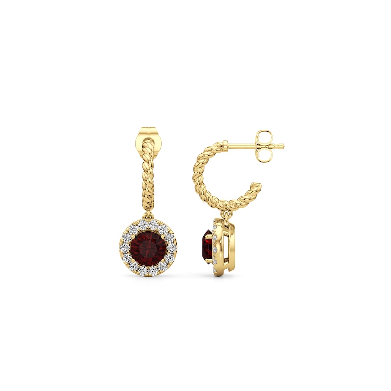 Main Image 2 of 6.0mm Garnet and 1/2 CT. T.W. Lab-Grown Diamond Frame Hoop Drop Earrings in 14K Gold