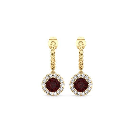6.0mm Garnet and 1/2 CT. T.w. Lab-Grown Diamond Frame Hoop Drop Earrings in 14K Gold