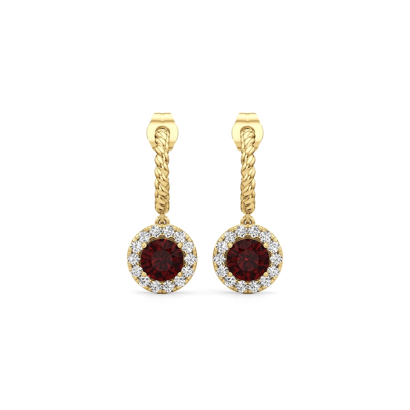 Main Image 3 of 6.0mm Garnet and 1/2 CT. T.W. Lab-Grown Diamond Frame Hoop Drop Earrings in 14K Gold