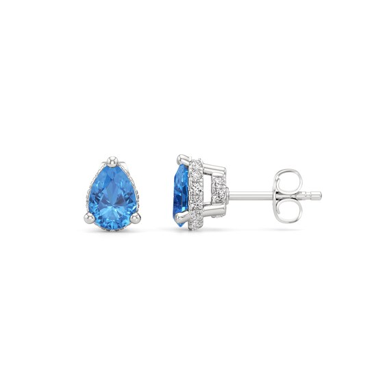 Pear-Shaped Swiss Blue Topaz and 1/3 CT. T.w. Lab-Grown Diamond Solitaire Stud Earrings in 14K White Gold