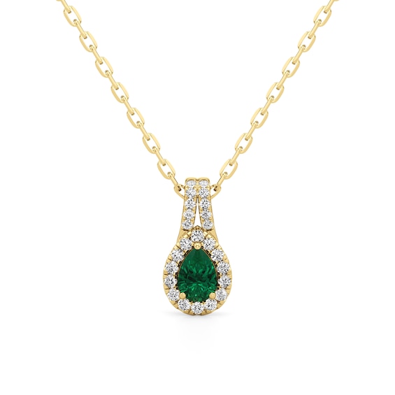 Pear-Shaped Emerald and 1/3 CT. T.w. Lab-Grown Diamond Frame Split Bail Pendant in 14K Gold