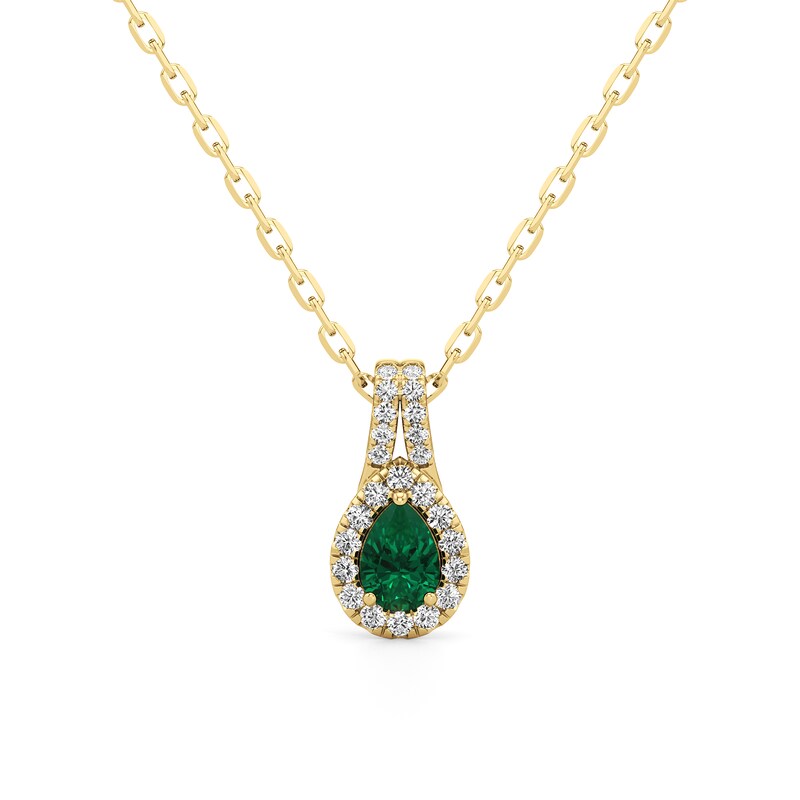 Main Image 1 of Pear-Shaped Emerald and 1/3 CT. T.W. Lab-Grown Diamond Frame Split Bail Pendant in 14K Gold