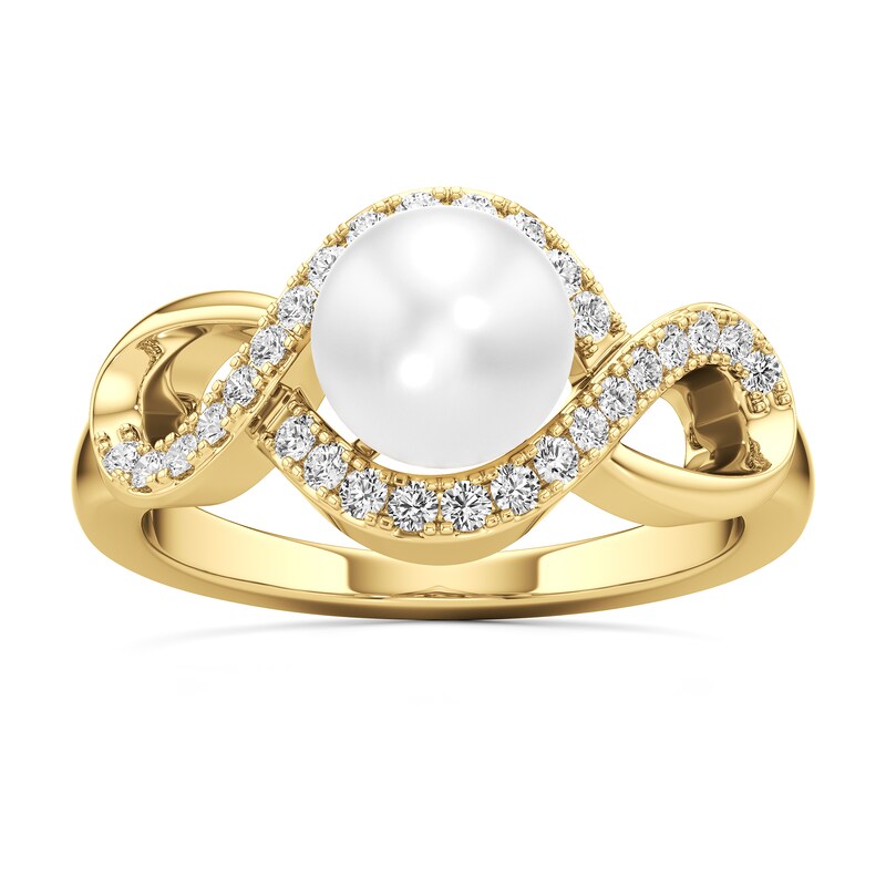 Main Image 1 of 7.0mm Freshwater Cultured Pearl and 1/4 CT. T.W. Lab-Grown Diamond Swirl Frame Ring in 14K Gold