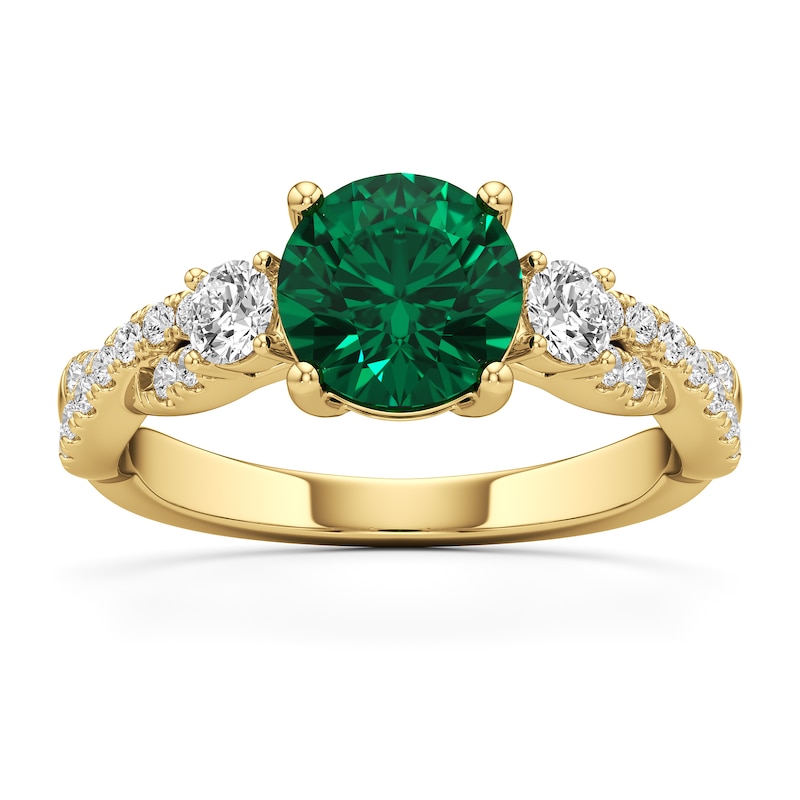 Main Image 1 of 7.0mm Emerald and 1/2 CT. T.W. Lab-Grown Diamond Twist Shank Ring in 14K Gold