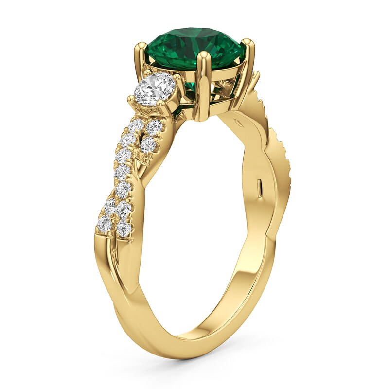 Main Image 2 of 7.0mm Emerald and 1/2 CT. T.W. Lab-Grown Diamond Twist Shank Ring in 14K Gold