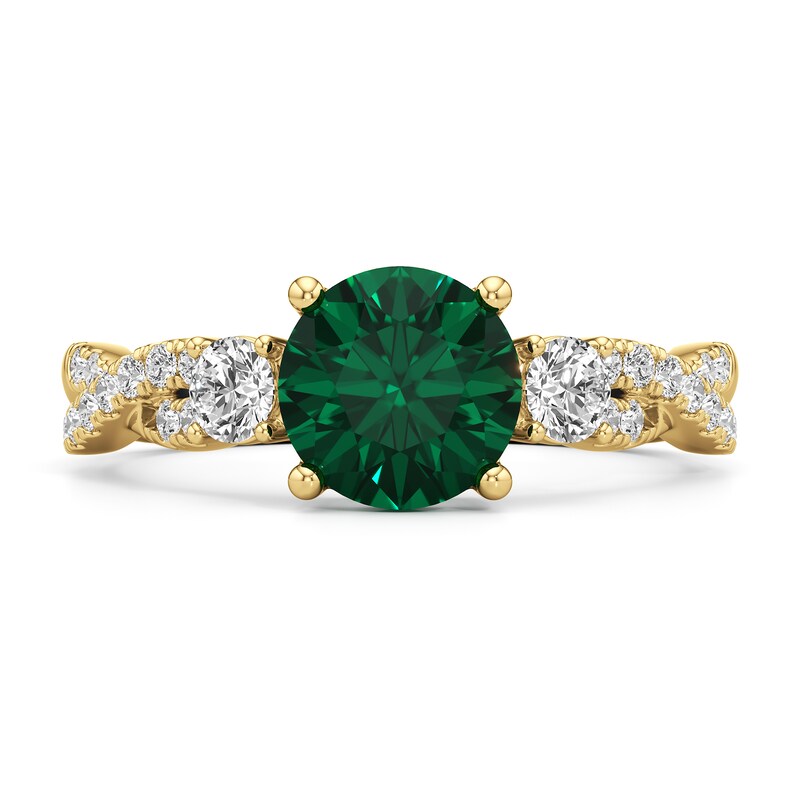 Main Image 3 of 7.0mm Emerald and 1/2 CT. T.W. Lab-Grown Diamond Twist Shank Ring in 14K Gold