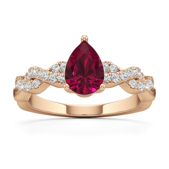 Pear-Shaped Certified Ruby and 1/4 CT. T.w. Lab-Grown Diamond Braided Shank Ring in 14K Rose Gold