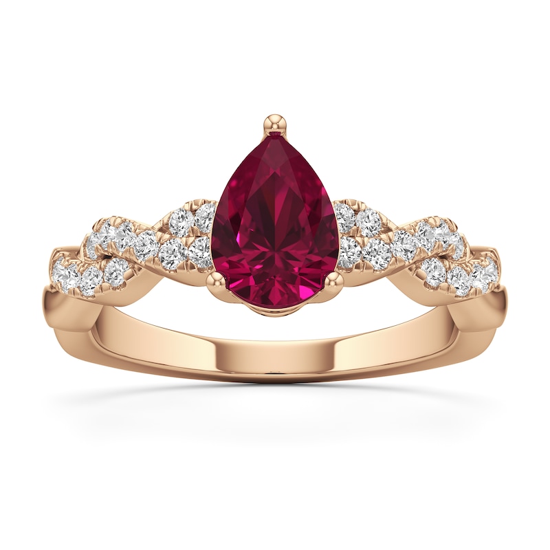 Main Image 1 of Pear-Shaped Certified Ruby and 1/4 CT. T.W. Lab-Grown Diamond Braided Shank Ring in 14K Rose Gold