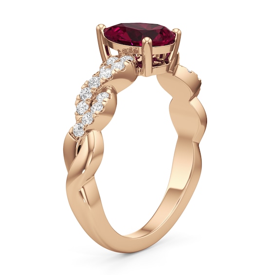 Pear-Shaped Certified Ruby and 1/4 CT. T.w. Lab-Grown Diamond Braided Shank Ring in 14K Rose Gold