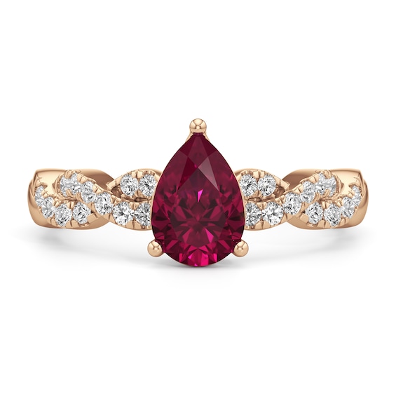 Pear-Shaped Certified Ruby and 1/4 CT. T.w. Lab-Grown Diamond Braided Shank Ring in 14K Rose Gold