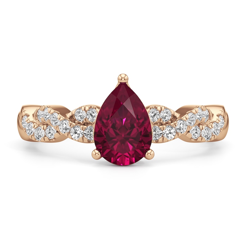 Main Image 3 of Pear-Shaped Certified Ruby and 1/4 CT. T.W. Lab-Grown Diamond Braided Shank Ring in 14K Rose Gold