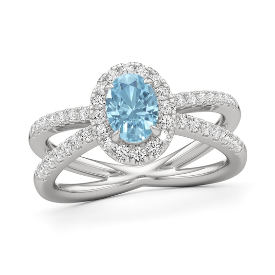 Oval Aquamarine and 1/3 CT. T.w. Lab-Grown Diamond Frame Orbit Split Shank Ring 14K White Gold