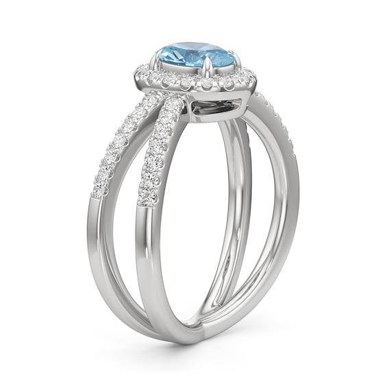 Oval Aquamarine and 1/3 CT. T.w. Lab-Grown Diamond Frame Orbit Split Shank Ring in 14K White Gold