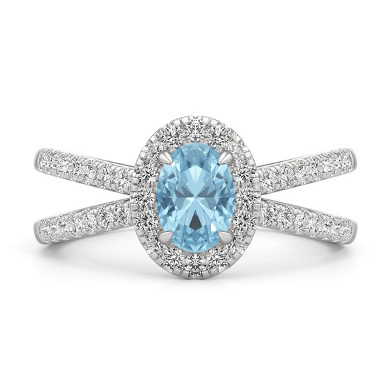 Oval Aquamarine and 1/3 CT. T.w. Lab-Grown Diamond Frame Orbit Split Shank Ring in 14K White Gold