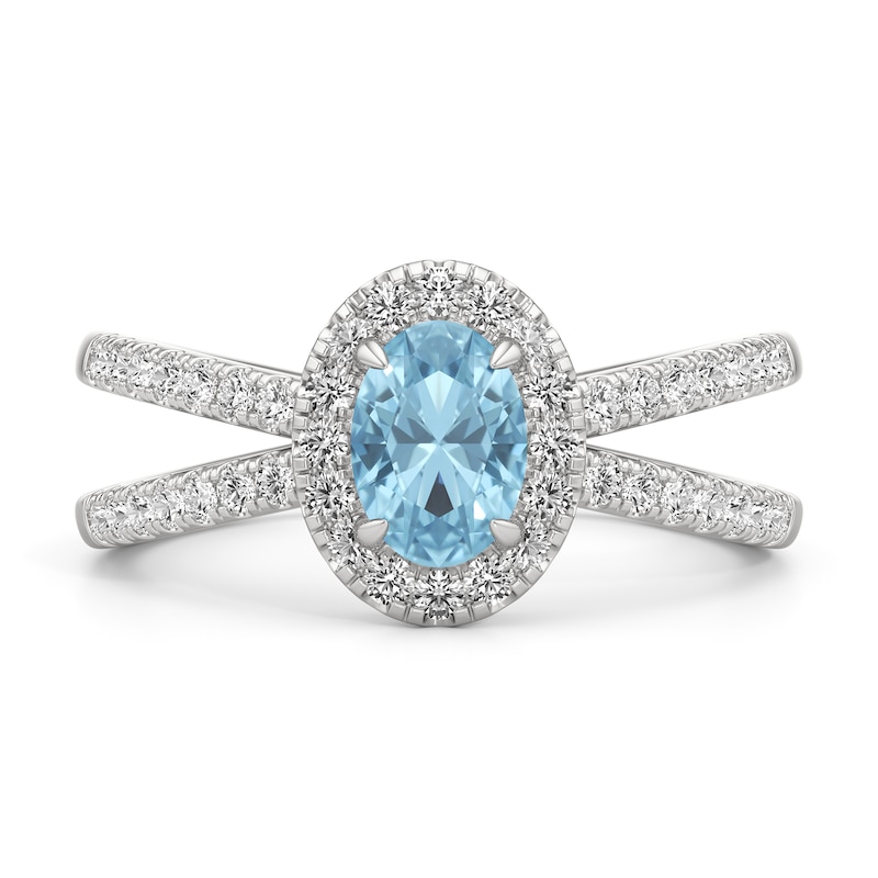 Main Image 3 of Oval Aquamarine and 1/3 CT. T.W. Lab-Grown Diamond Frame Orbit Split Shank Ring in 14K White Gold