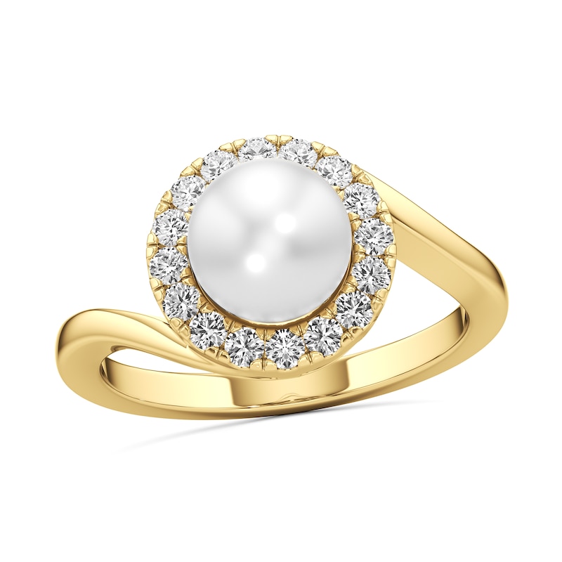 Main Image 1 of 7.0mm Freshwater Cultured Pearl and 1/3 CT. T.W. Lab-Grown Diamond Frame Bypass Shank Ring in 14K Gold