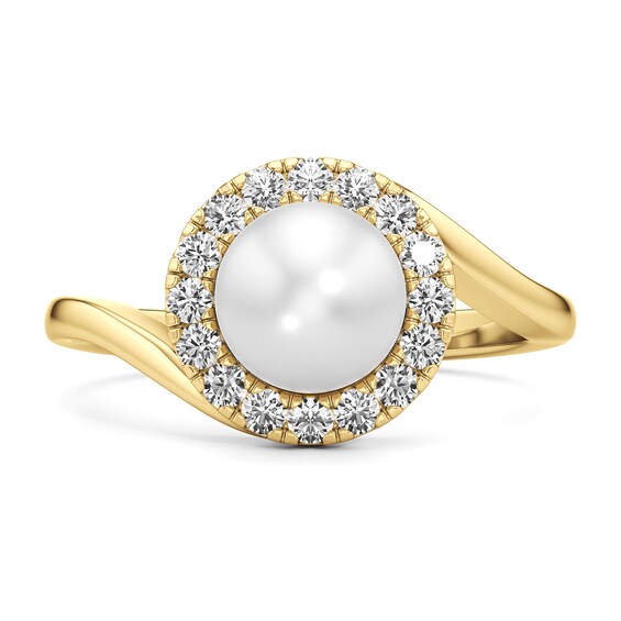7.0mm Freshwater Cultured Pearl and 1/3 CT. T.w. Lab-Grown Diamond Frame Bypass Shank Ring in 14K Gold